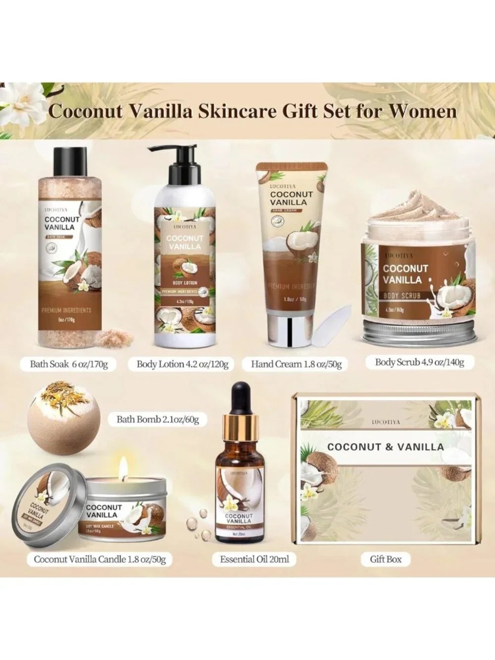 Vanilla Coconut Spa Gift Set - Relaxing Bath & Body Gifts for Women, Self-Care